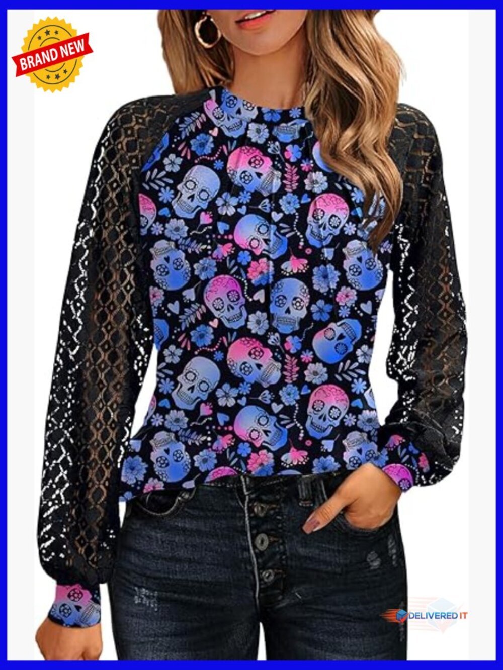 Lace Long Sleeve Blouse Button Down Crew Neck Dressy Casual Work Trendy Top
